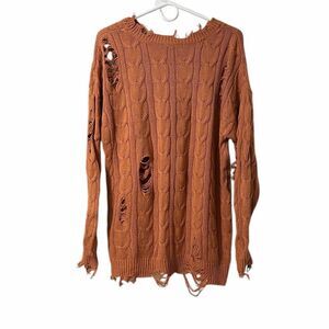 Forever 21 Distressed Crew neck Tan/Mustard Sweater(Size Small)